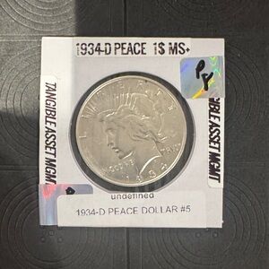 1934-D Peace Silver Dollar AU58 Near MS Rare Key Date Denver Mint Coin